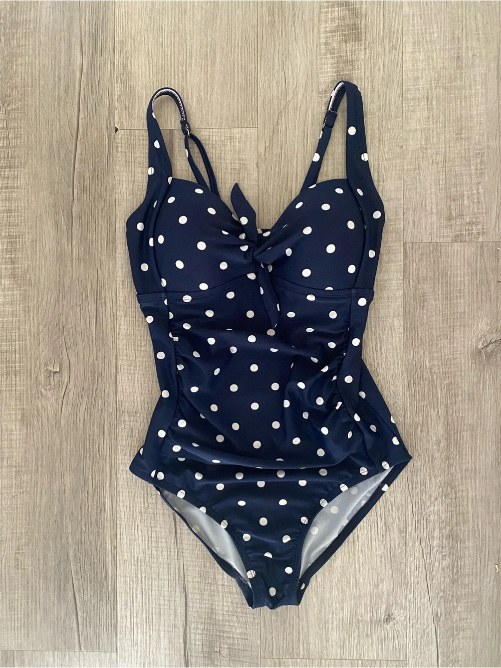 Kona Sol Shirred Tie Front Polka Dot One Piece Swimsuit Navy White Retro - Sz S